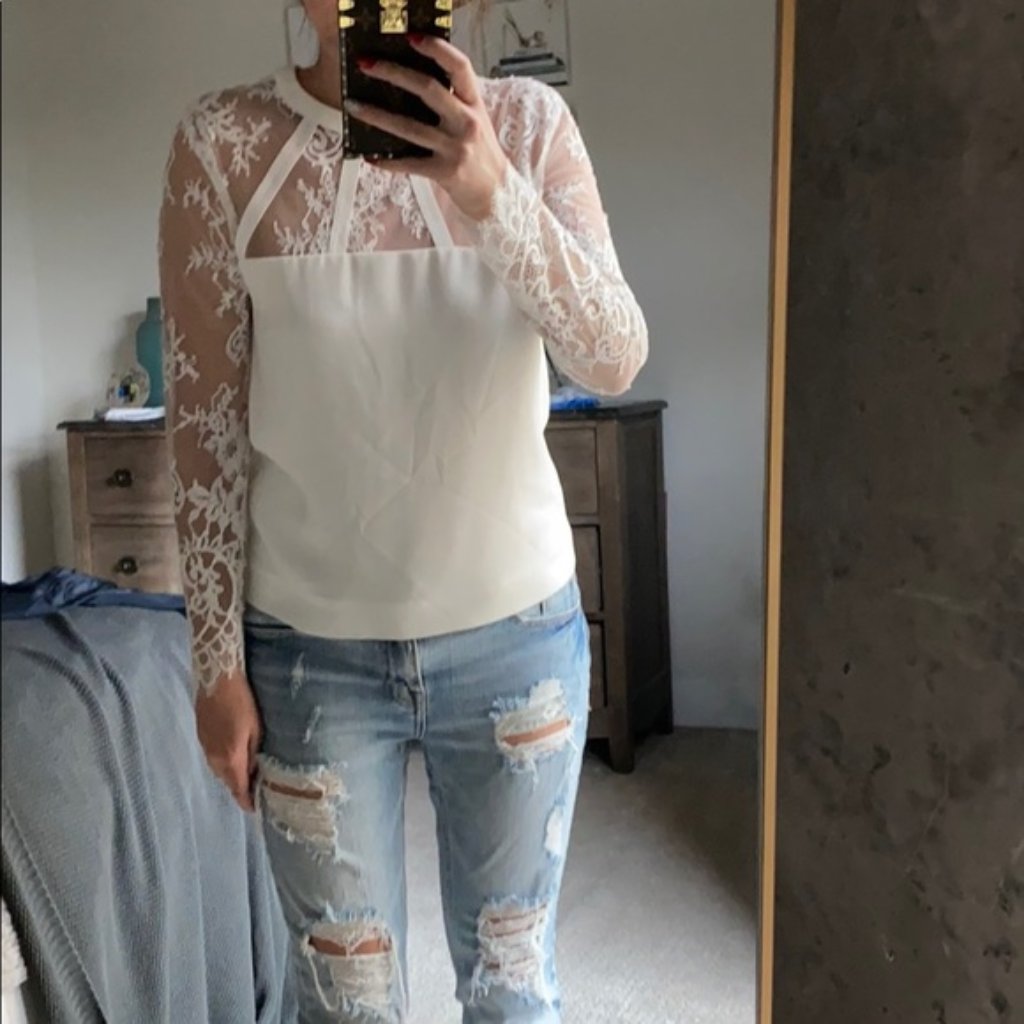 New The Kooples Crepe Peekaboo Floral Lace Cage Neck Semi-Sheer Cutout Blouse
